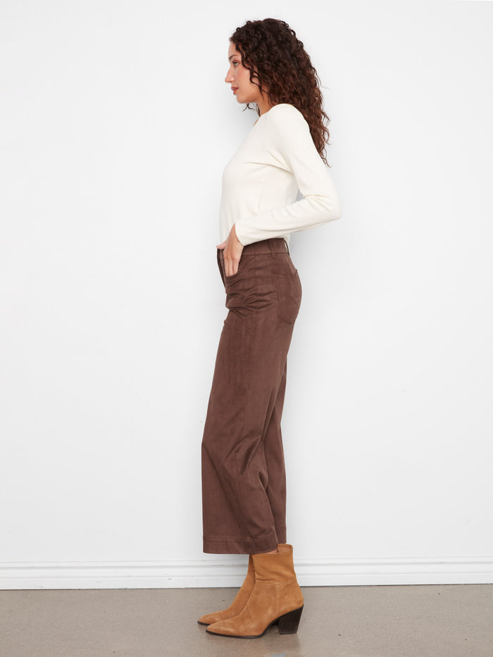 Stylish coffee-colored pants with cropped length and patch pockets, crafted from stretch faux suede by Charlie B.