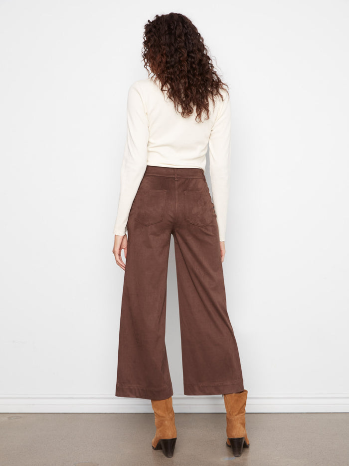 Wide-leg coffee-colored pants in luxurious stretch faux suede, offering a flattering cropped fit by Charlie B.