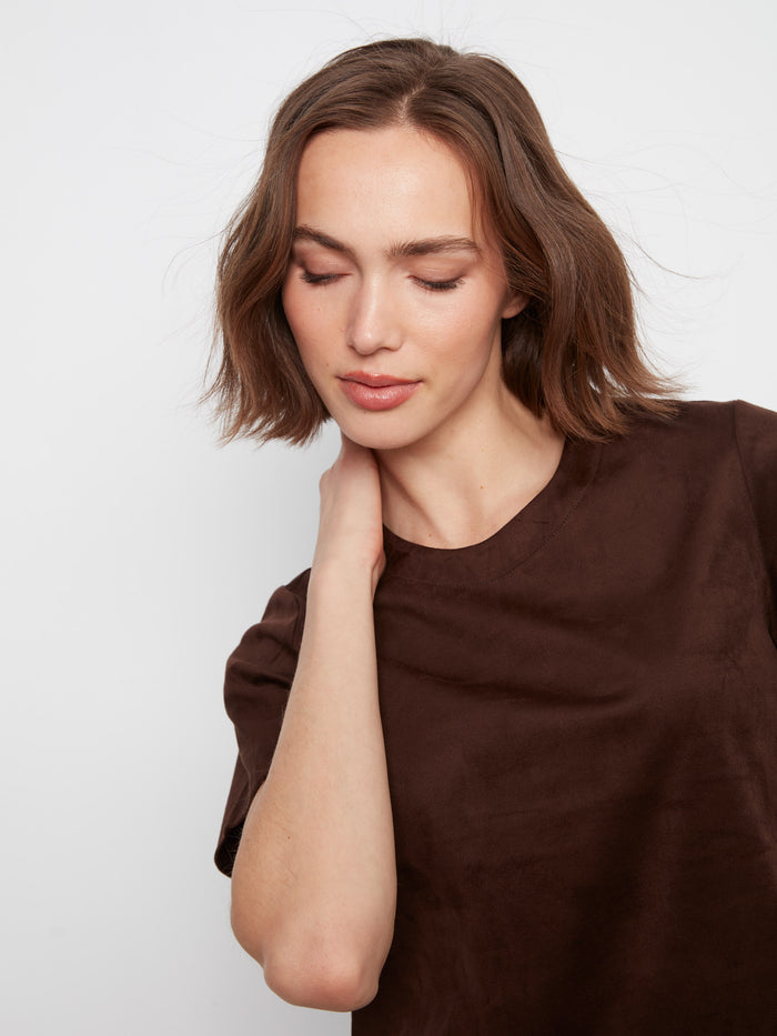 Faux Suede Short Sleeve Top - Coffee