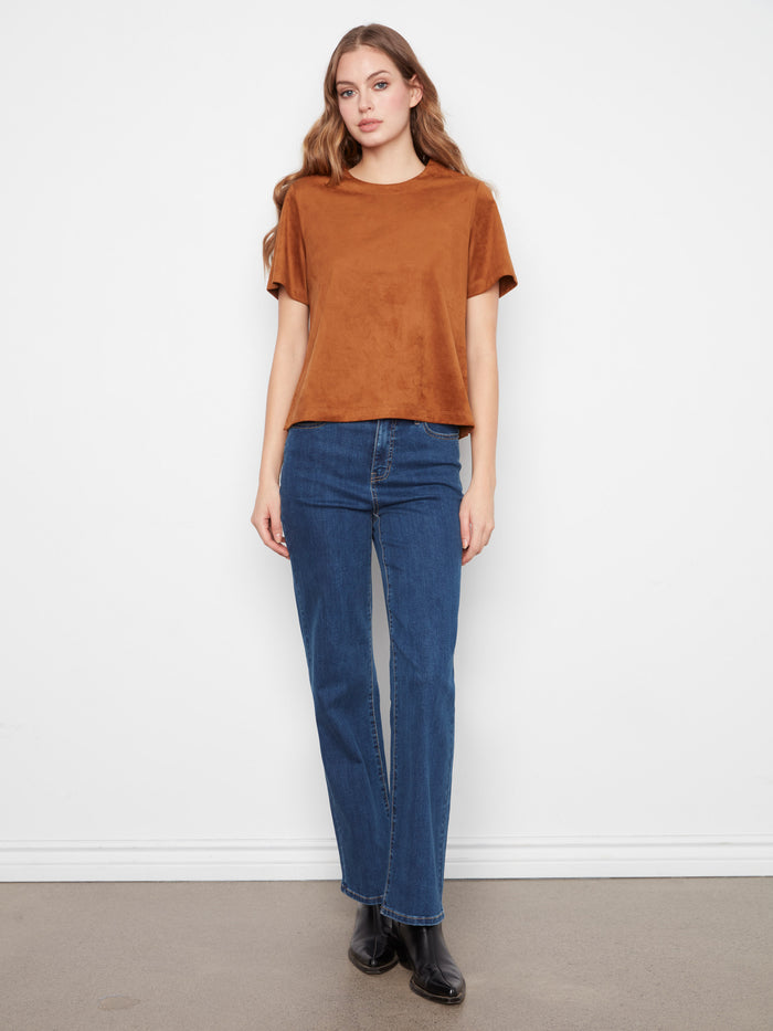 Simple yet stylish faux suede top with short sleeves and straight fit, great for versatile styling options by Charlie B.