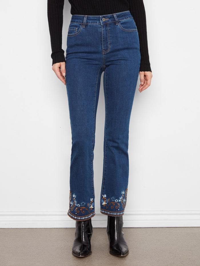 Flare Jeans With Side Slits And Floral Hem Embroidery - Indigo