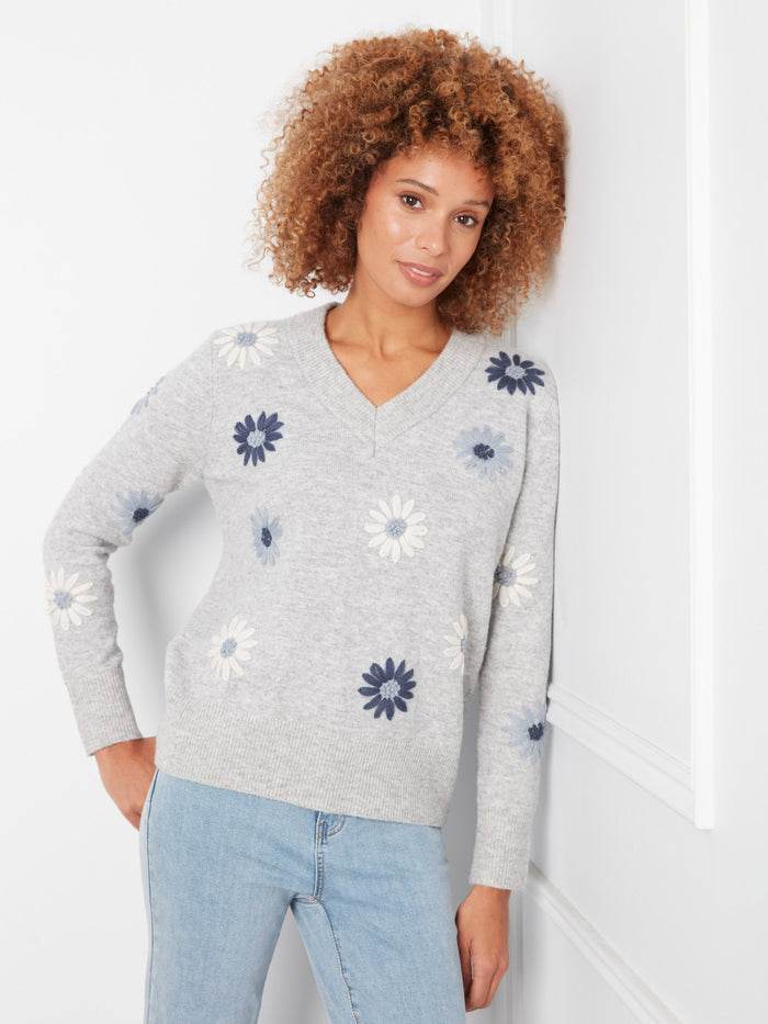 Floral Embroidered V-Neck Sweater - Heather Grey