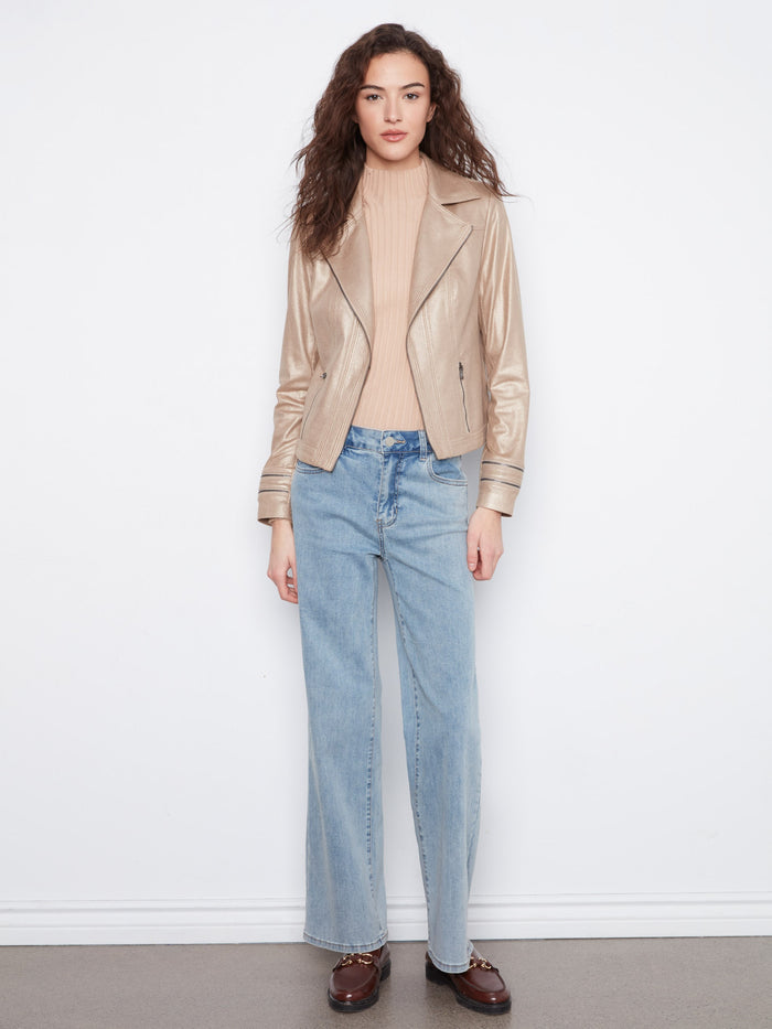 This jacket boasts a chic hook-and-bar closure, adding elegance to the metallic faux leather finish by Charlie B.