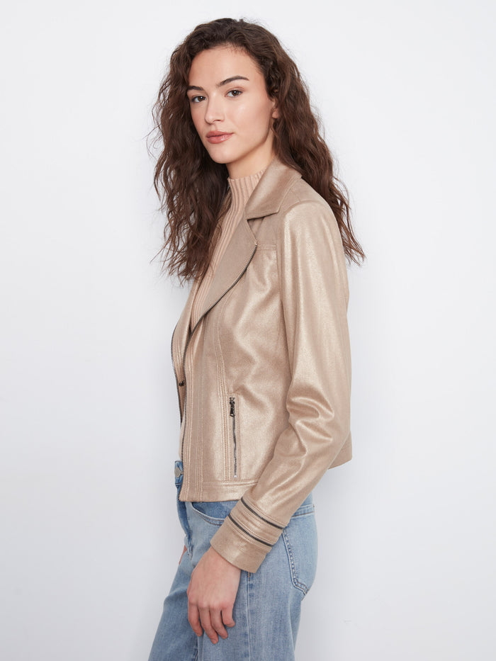 Faux zip pockets enhance the sleek look of this metallic faux leather jacket, ideal for modern fashionistas by Charlie B.