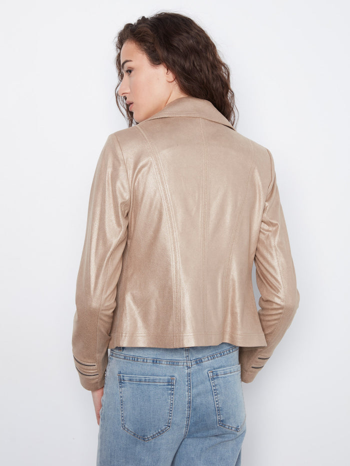 The short length of this metallic faux leather jacket offers a trendy silhouette for versatile styling by Charlie B.