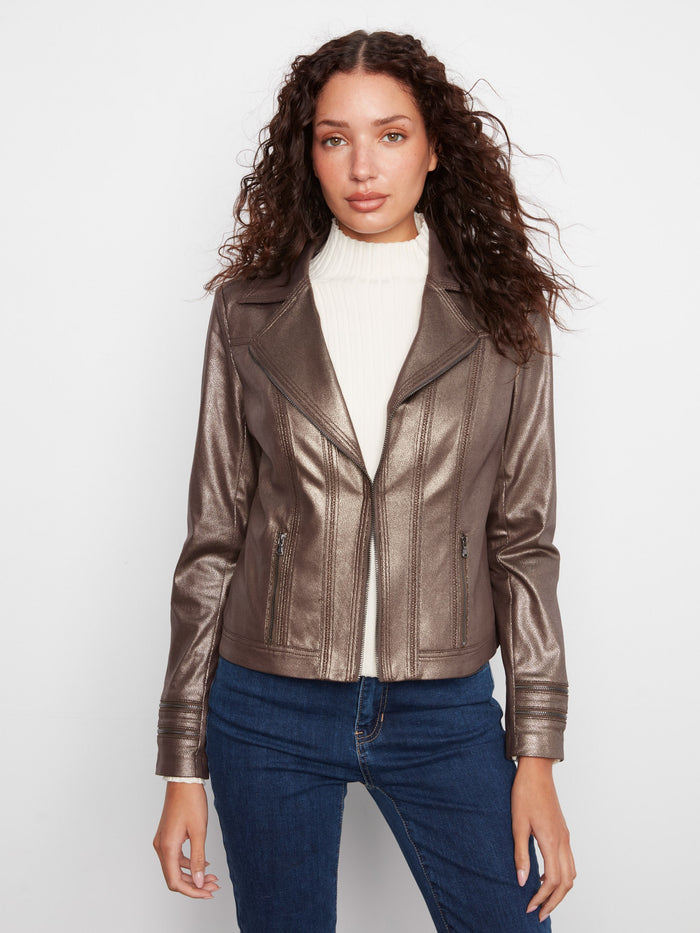 This jacket features a sleek hook-and-bar closure, perfect for a polished look. By Charlie B.
