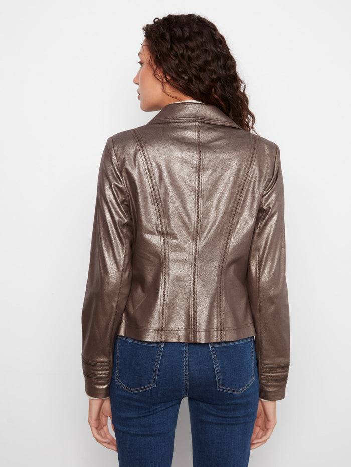 Experience the stunning metallic finish that sets this fashionable jacket apart. By Charlie B.