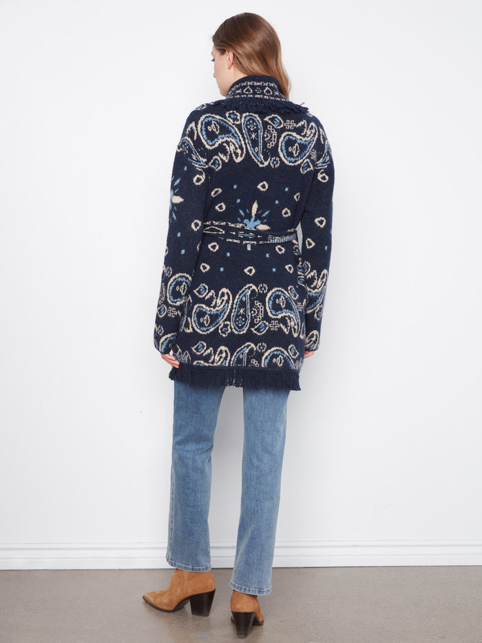 Navy blue belted cardigan featuring an elegant shawl collar and intricate jacquard design for stylish layering by Charlie B.