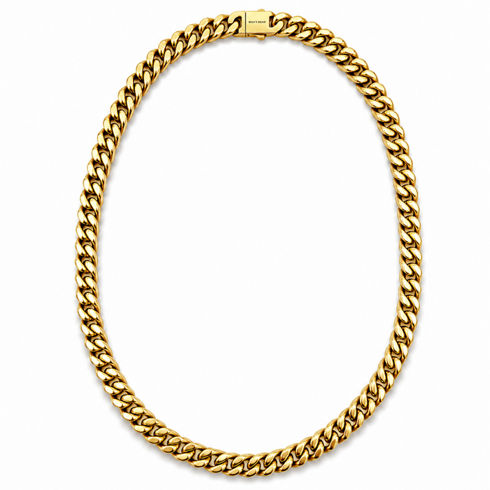Gold plated stainless steel 9mm curb chain necklace with a polished finish, secure box clasp and engraved Man's Head maker's mark.