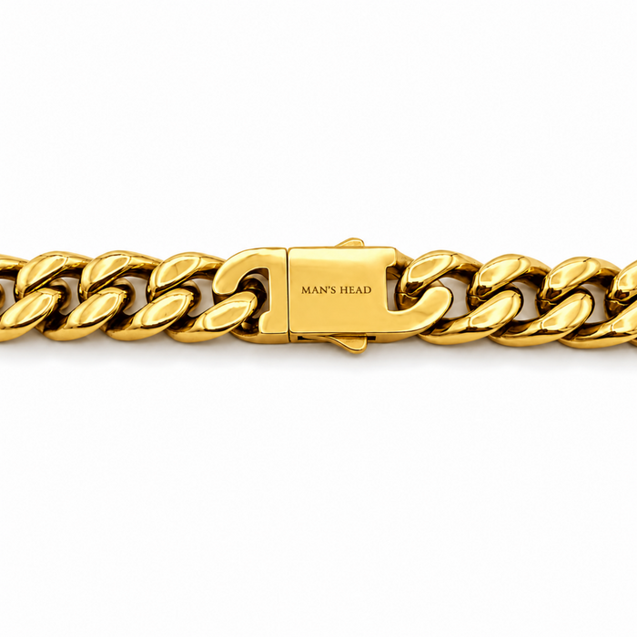 Close-up of the engraved box clasp on a gold plated stainless steel 9mm curb chain necklace featuring the Man's Head maker's mark.