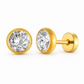 Gold tone stainless steel 8mm clear cubic zirconia stud earrings with screw backs