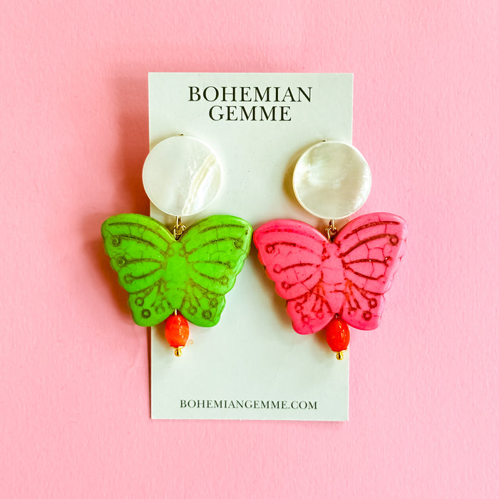 Green and Pink Butterfly Earrings