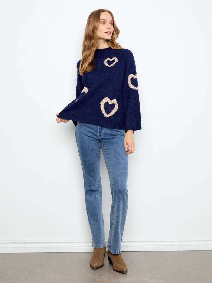 Heart Mock Neck Knit Sweater - Navy