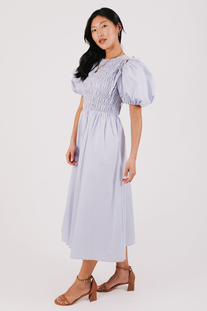 purple and blue striped dress with detachable puff sleeves side