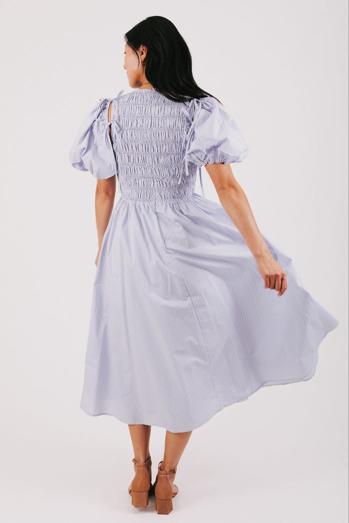 purple and blue striped dress with detachable puff sleeves back
