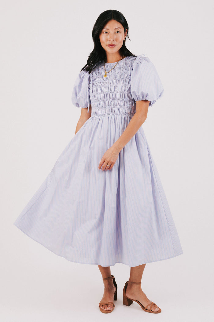 purple and blue striped dress with detachable puff sleeves full