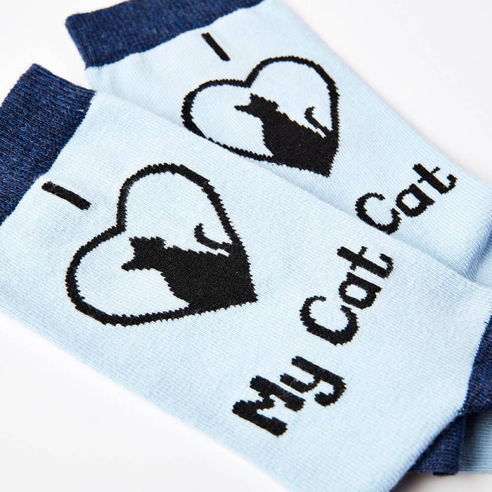 close up of I Love My Cat socks showing cat design and text