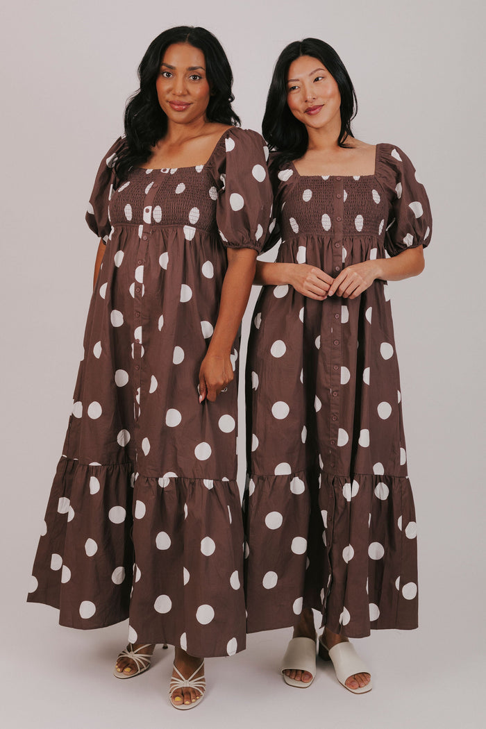 brown polka dot button down maxi dress models