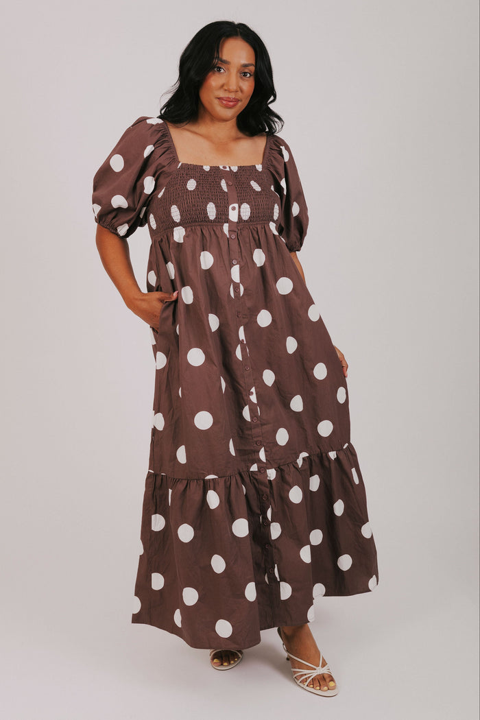 plus size brown polka dot button down maxi dress full
