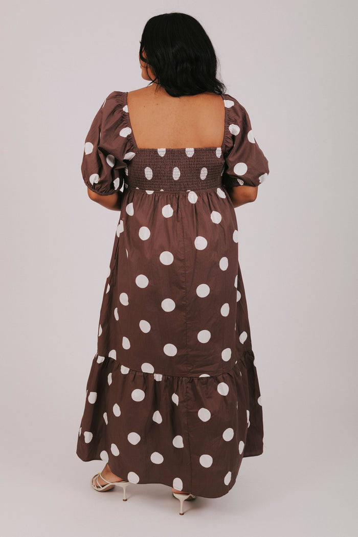 plus size brown polka dot button down maxi dress back