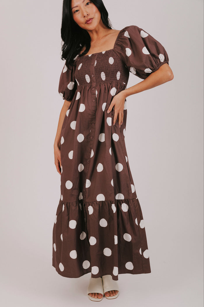 brown polka dot button down maxi dress front