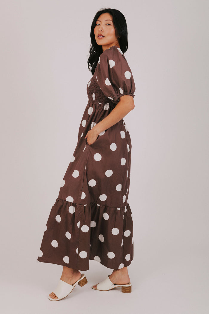 brown polka dot button down maxi dress side