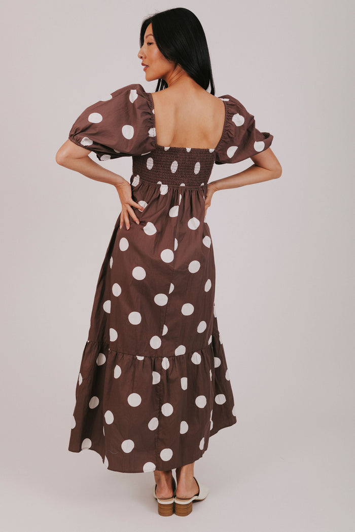 brown polka dot button down maxi dress back