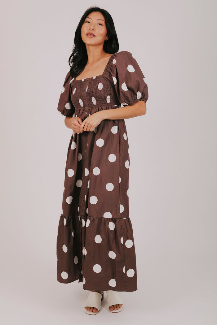 brown polka dot button down maxi dress full