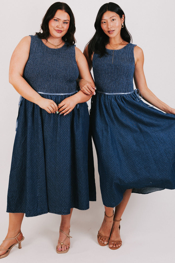 blue polka dot dress with shirred bodice models