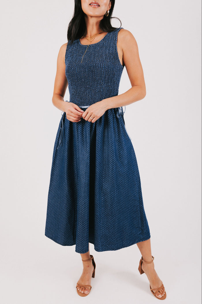 blue polka dot dress with shirred bodice full