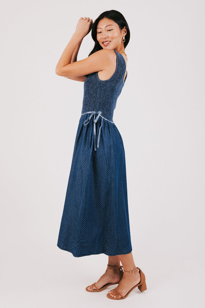 blue polka dot dress with shirred bodice side