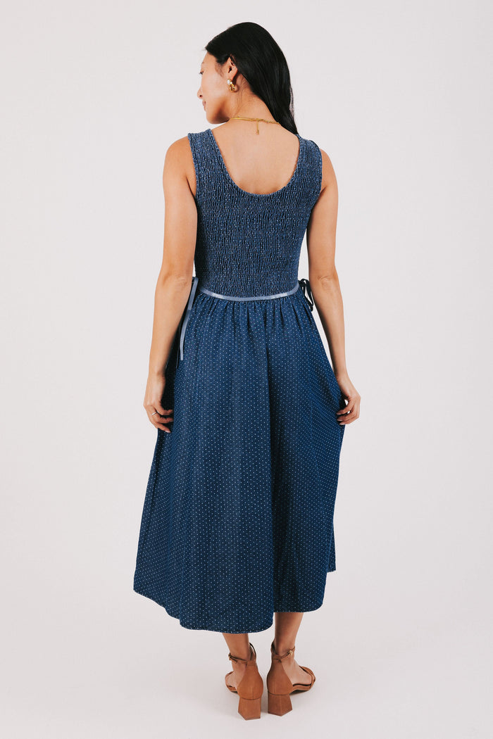 blue polka dot dress with shirred bodice back