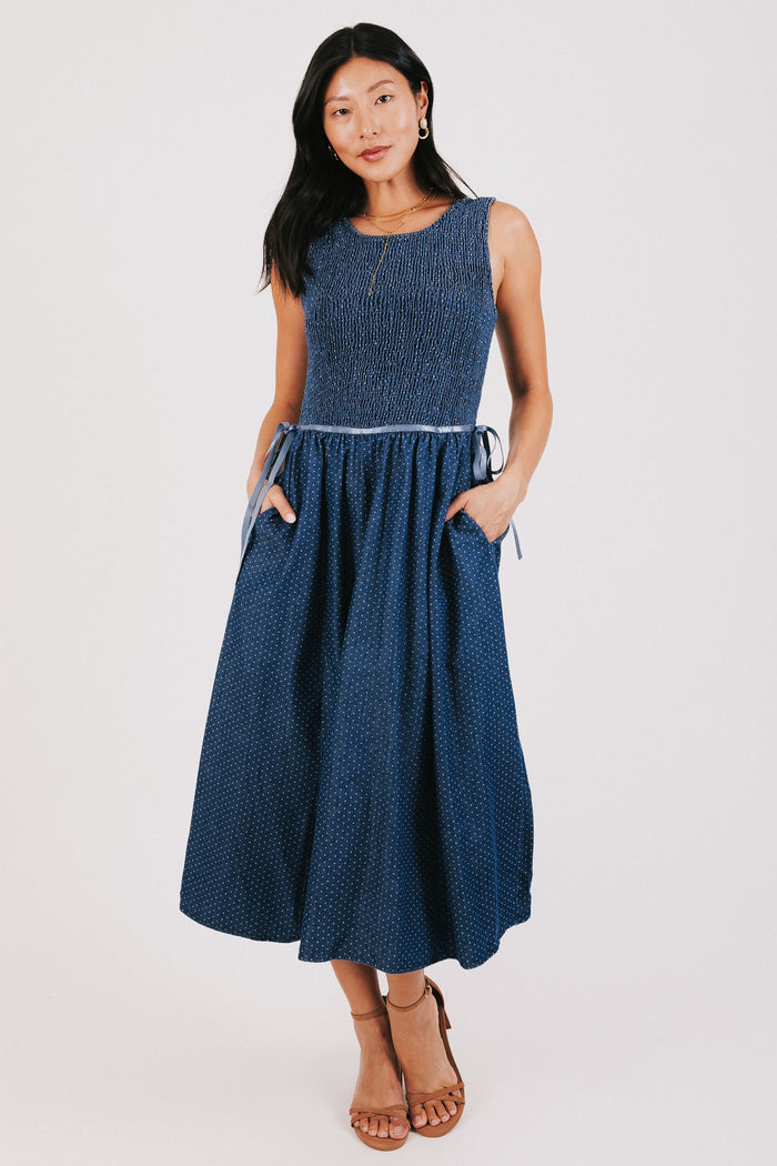 blue polka dot dress with shirred bodice front