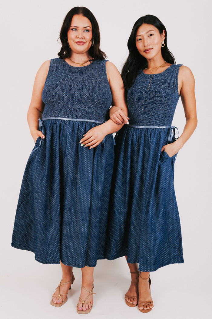 blue polka dot dress with shirred bodice