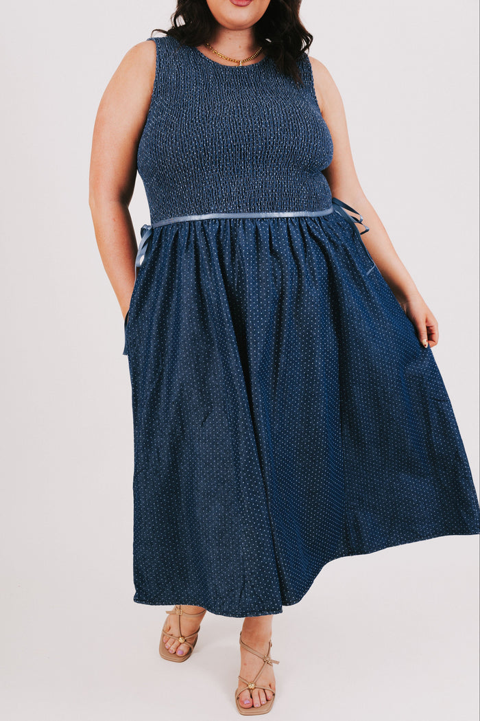 blue polka dot dress with shirred bodice plus front