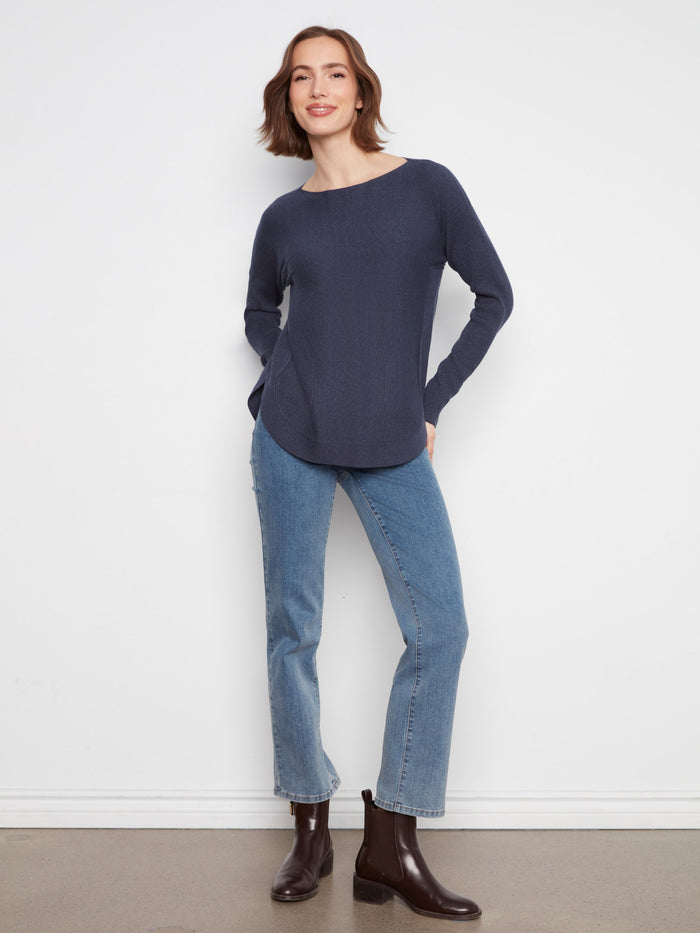 Long-sleeve knit sweater with a flattering boat neck design for effortless style by Charlie B.