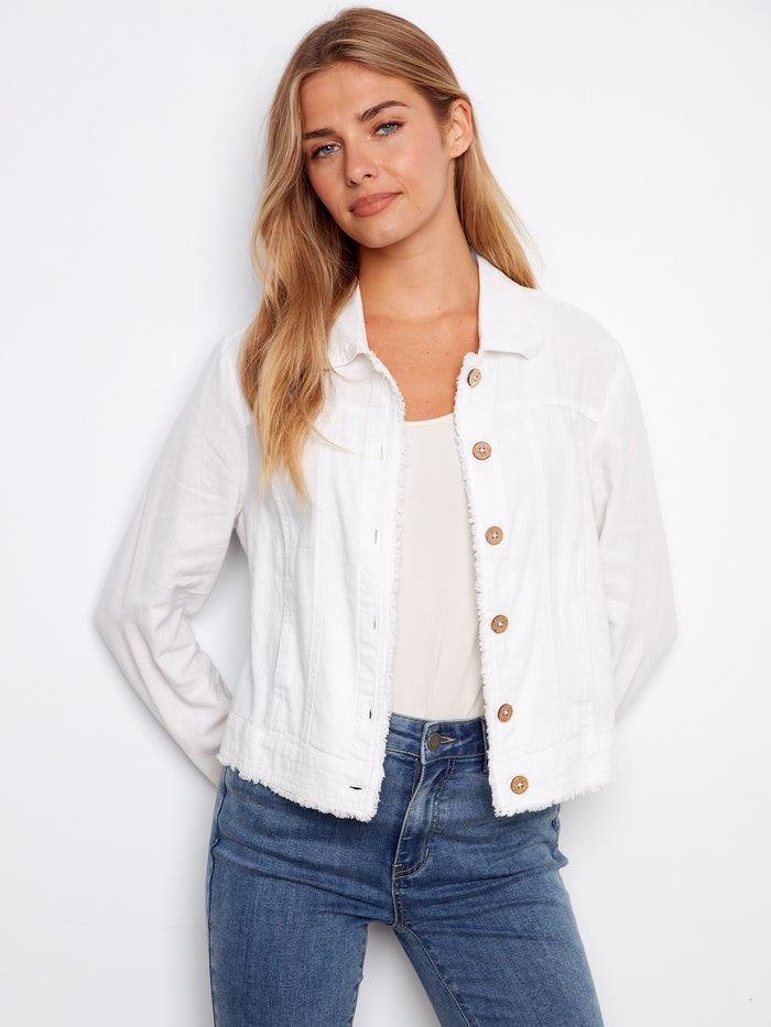 White jacket with a short length and frayed edges, perfect for casual outings. Accentuates your style effortlessly by Charlie B.