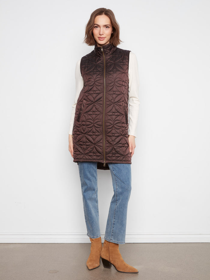 Long Hooded Puffer Vest - Mocha