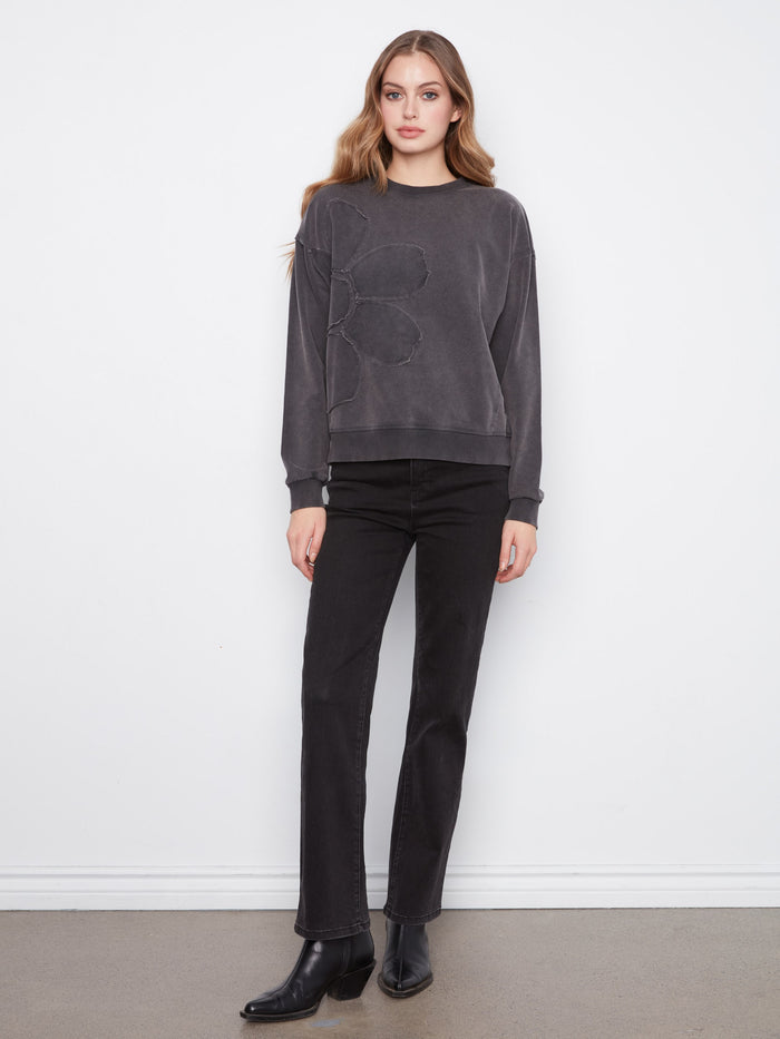 Long Sleeve Top With Flower Appliqué - Charcoal