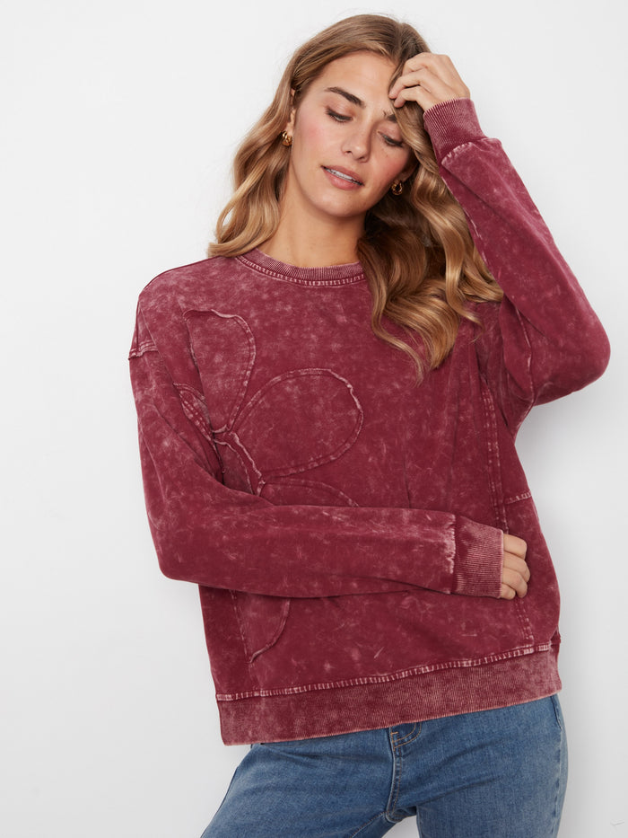 Long Sleeve Top With Flower Appliqué - Merlot