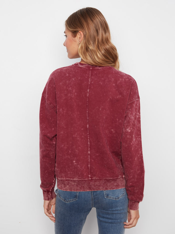 Long Sleeve Top With Flower Appliqué - Merlot