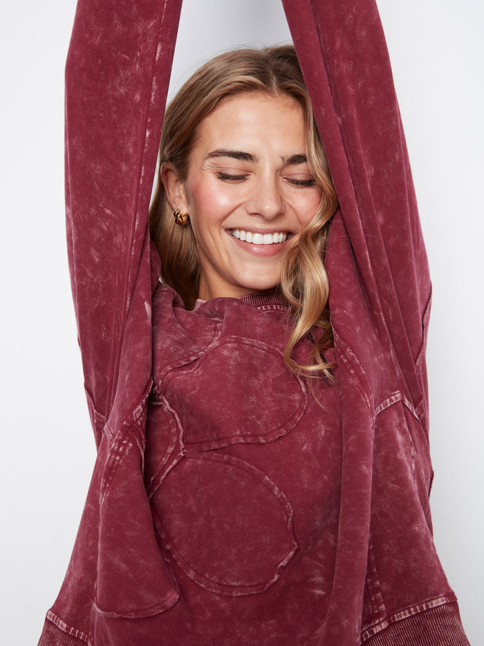 Long Sleeve Top With Flower Appliqué - Merlot