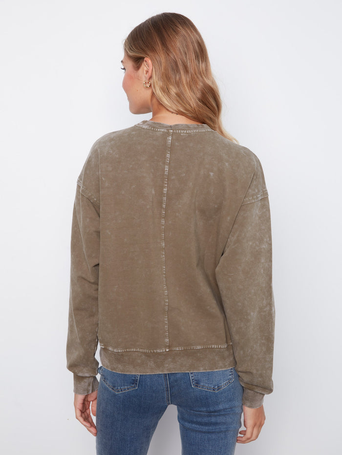 Long Sleeve Top With Flower Appliqué - Moss