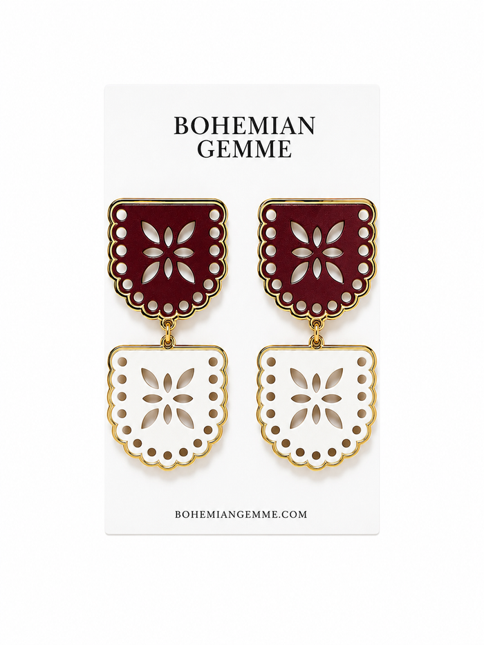 Maroon and White 2 Tier Papel Picado Earrings