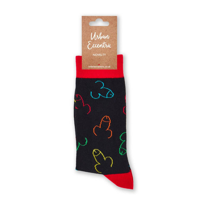 Black novelty patterned socks with red heel and toe shown with retail tag attached