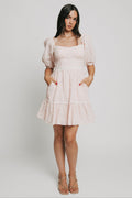 pink bow patterned mini dress with white lace trim