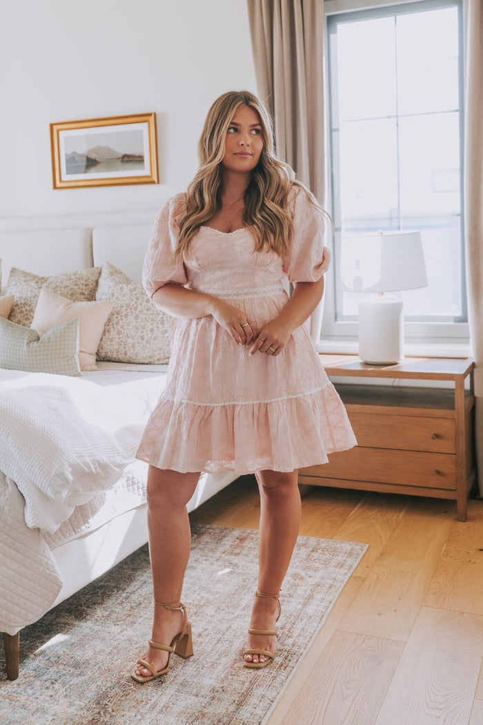 pink bow patterned mini dress with white lace trim lifestyle