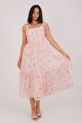 pink midi dress with sheer floral overlay