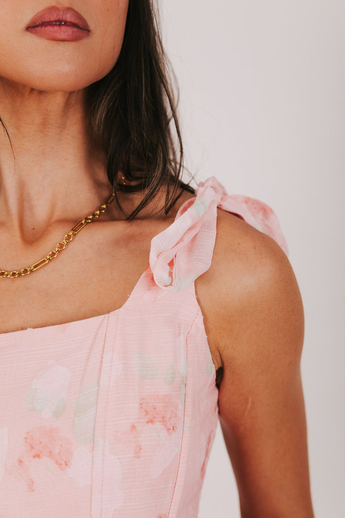 pink floral midi dress with sheer floral overlay