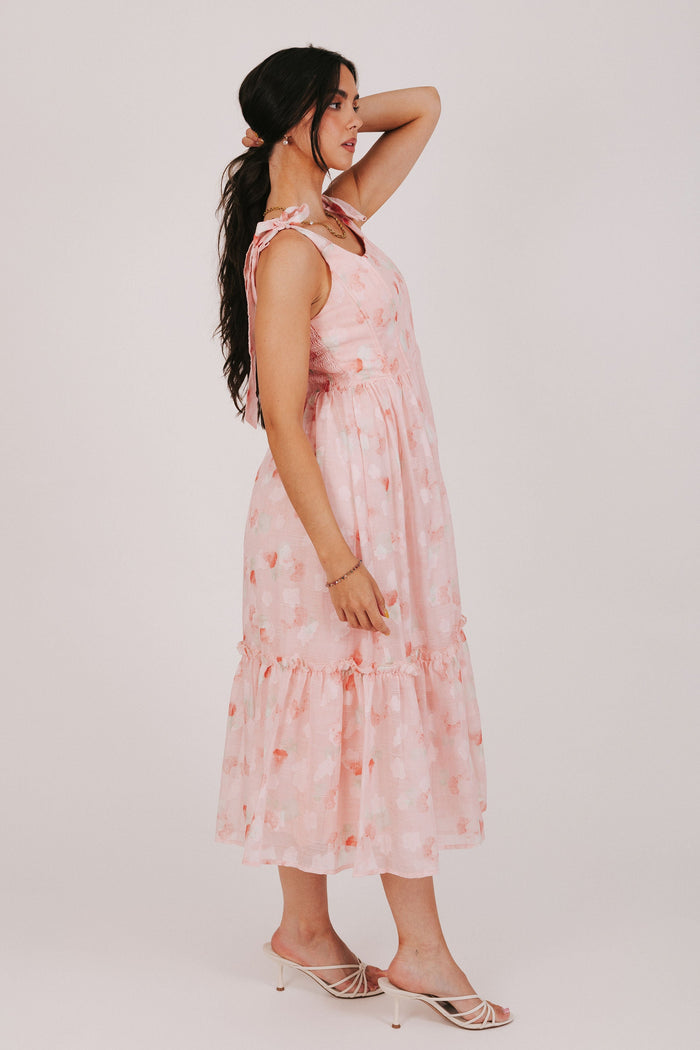 pink midi dress with sheer floral overlay side